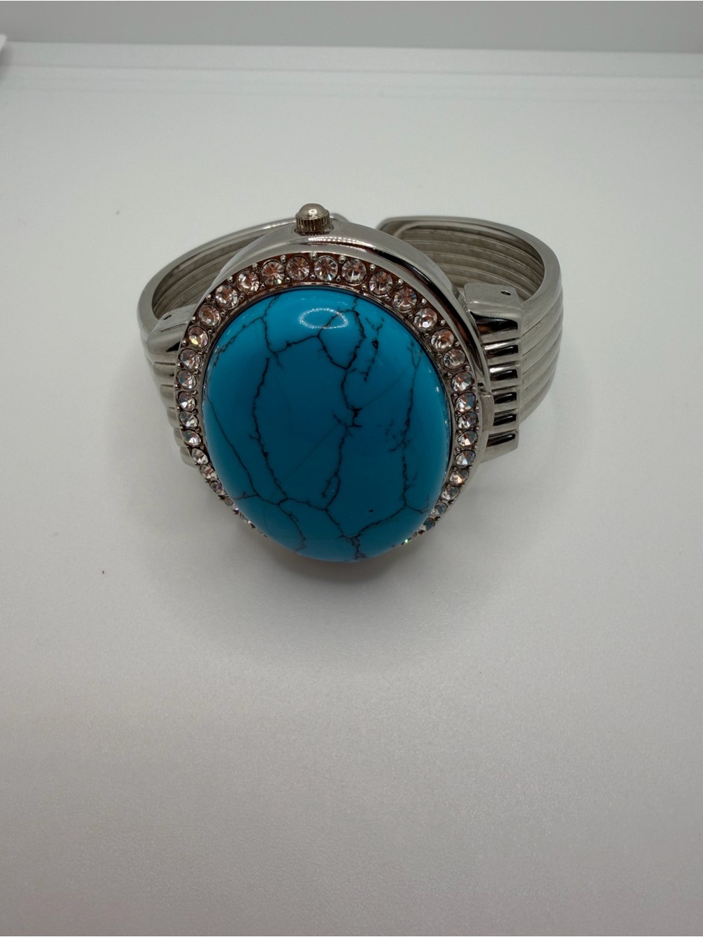 Turquoise Stone Cuff Bracelet with Crystal Halo - Women Jewelry